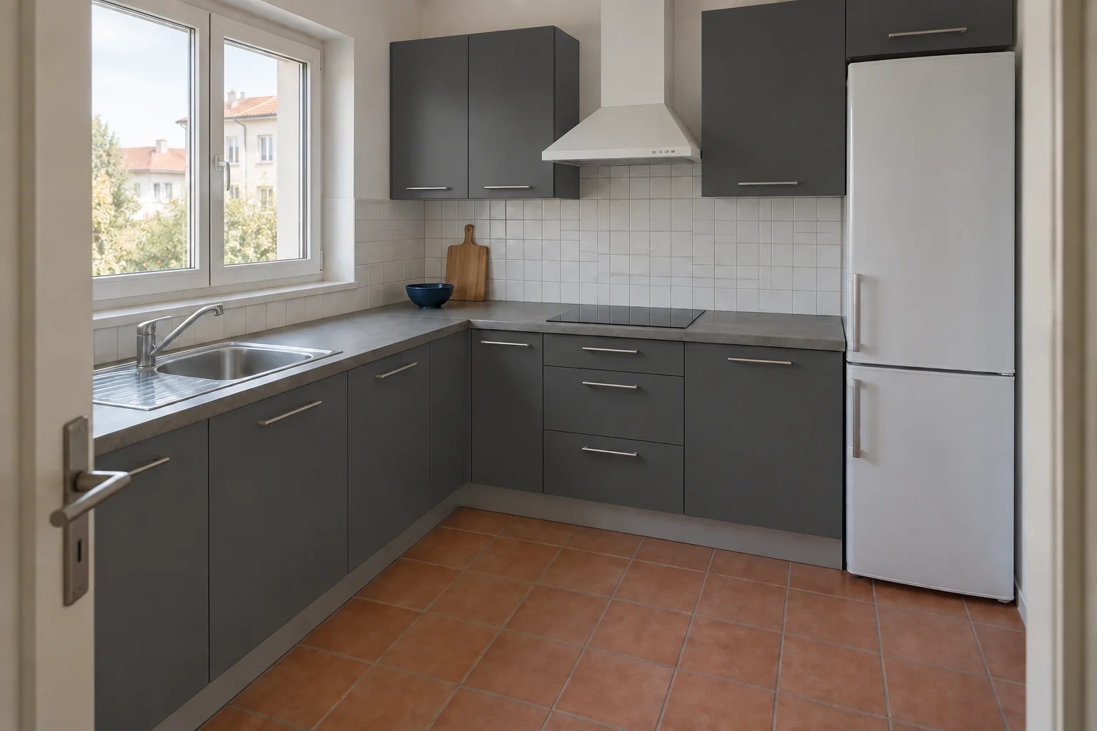Charcoal fronts emphasize the pale counter, white appliances and terracotta tiles.