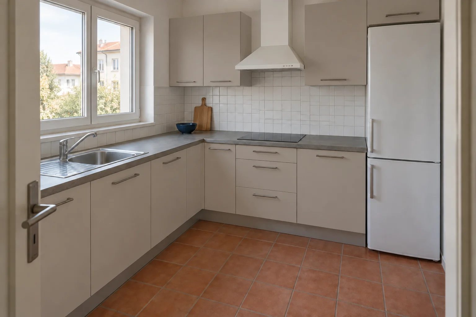 A warm grey-beige finish bridges the grey counter and the clay-colored floor.
