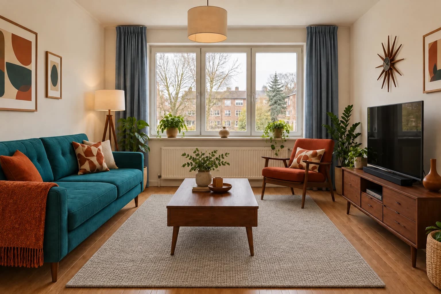 A teal-and-walnut living-room concept refined with quieter textiles.