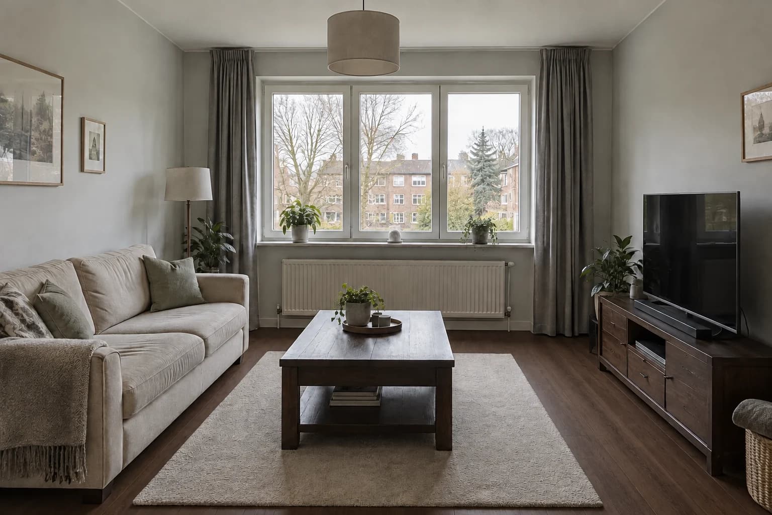 Dark walnut-look flooring gives the pale rug a stronger outline.