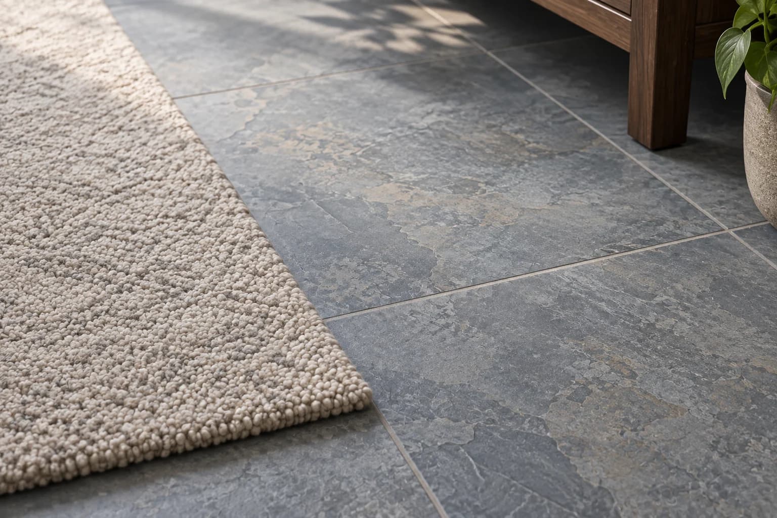 A detail study of blue-grey tile, grey grout and the edge of a pale rug.