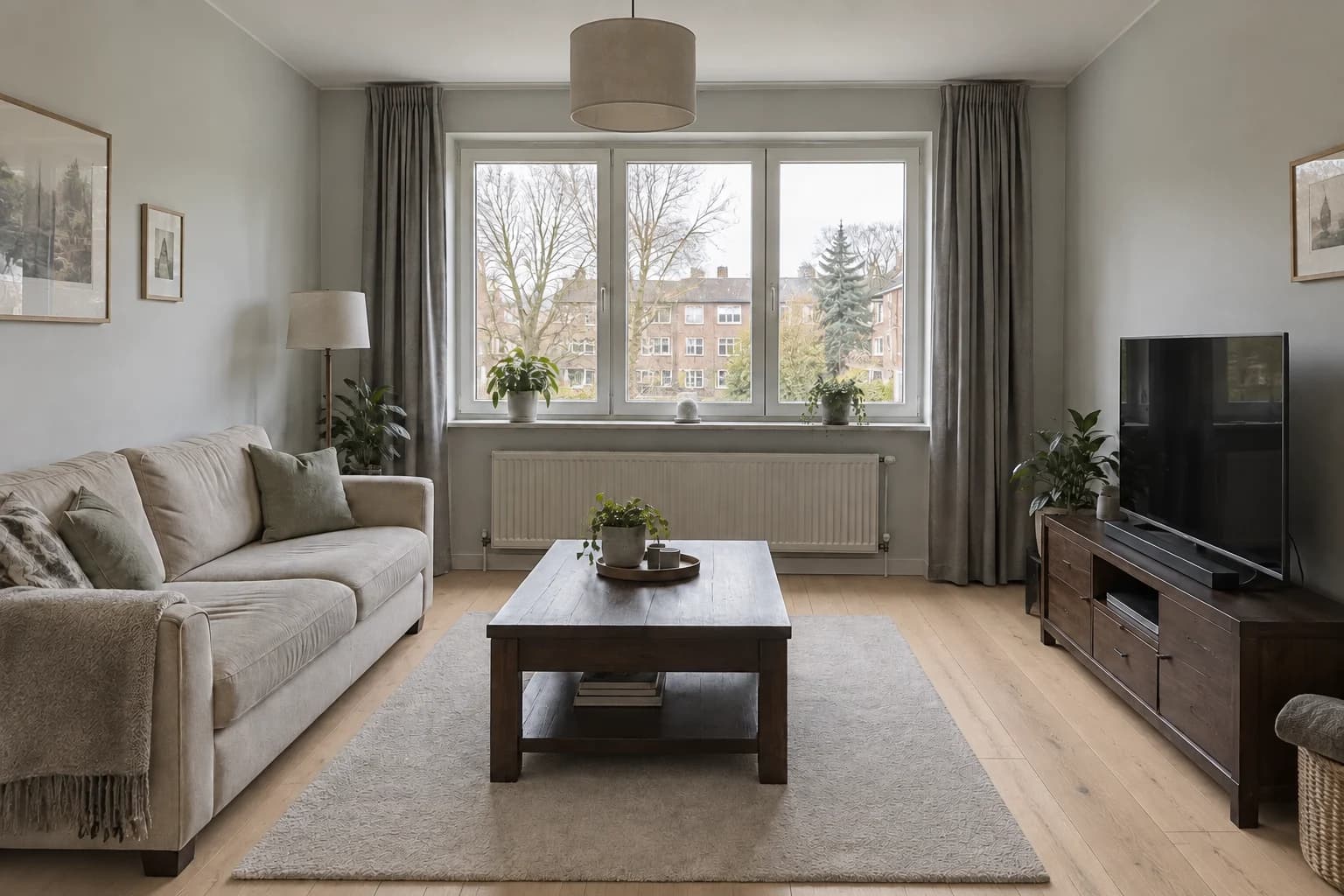 Light oak planks frame the pale rug and contrast with the dark media cabinet.