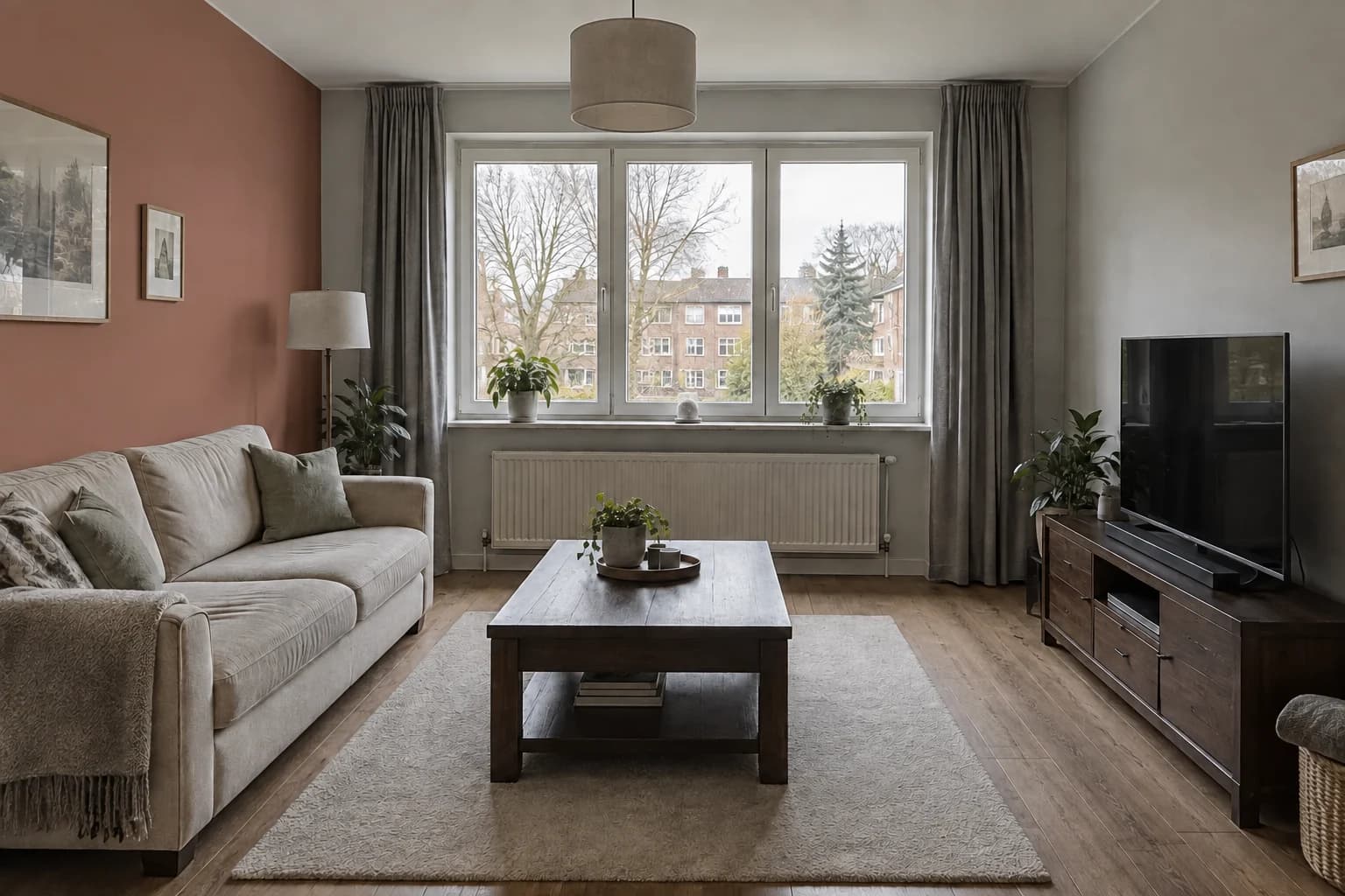 A terracotta accent wall added to the reference living room.