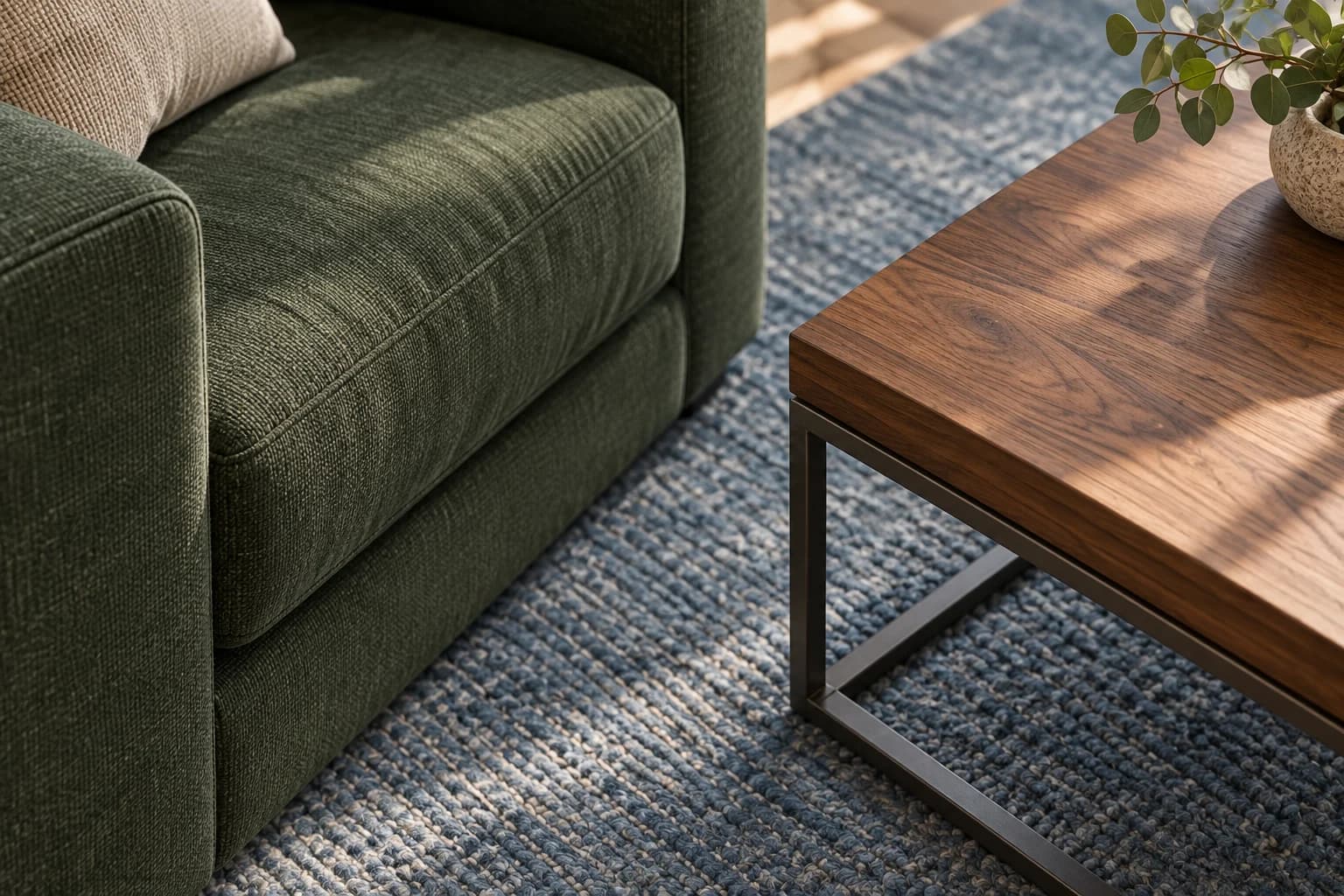 Material study of forest green upholstery, walnut and a dusty blue rug.