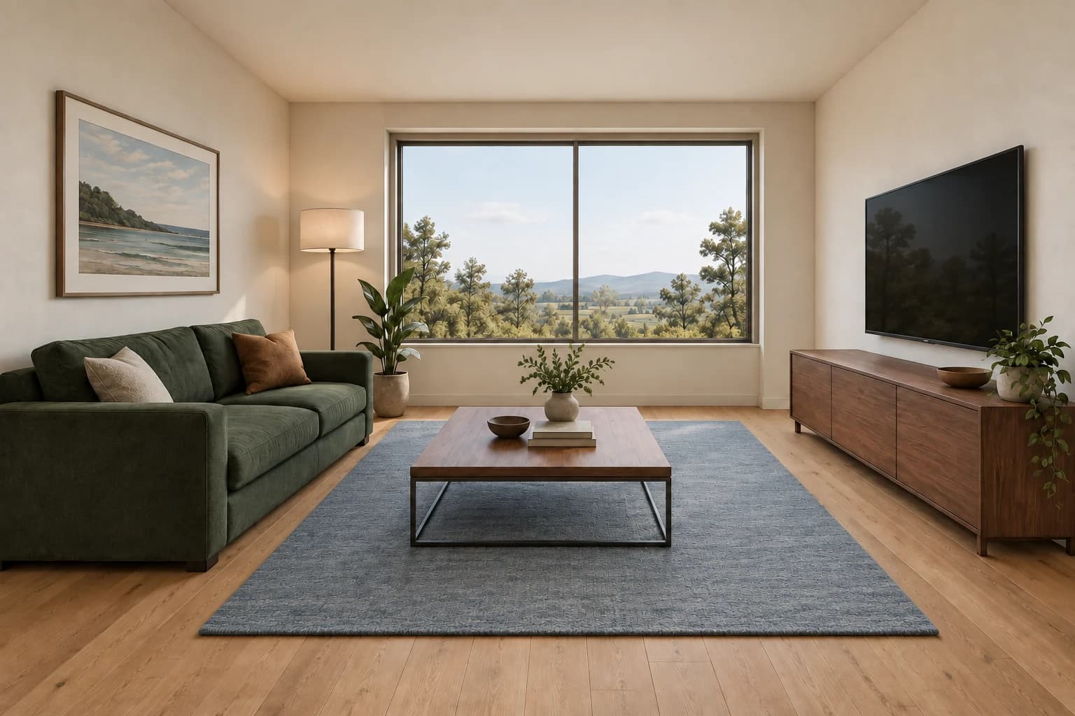 A living-room concept with forest green sofa, walnut furniture and dusty blue rug.