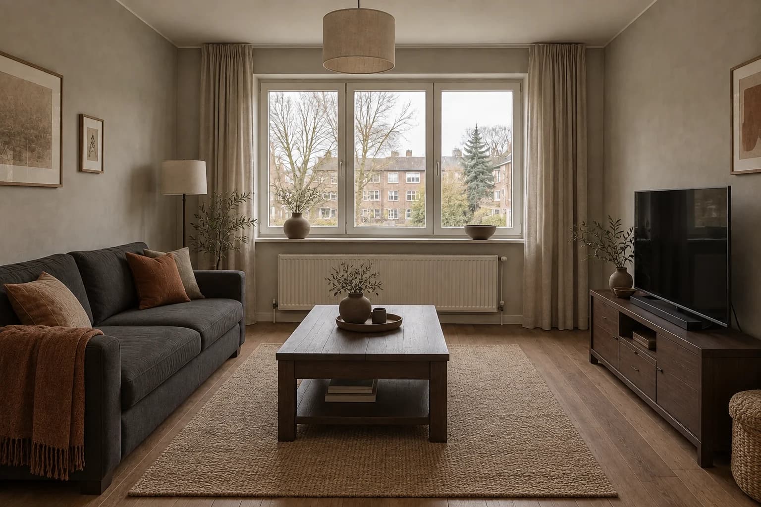 Charcoal upholstery, dark wood furniture, warm grey walls and rust accents.