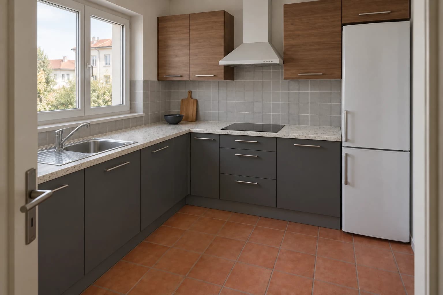 AI-generated kitchen palette with graphite lower cabinets, walnut upper fronts, a pale speckled counter and grey backsplash.