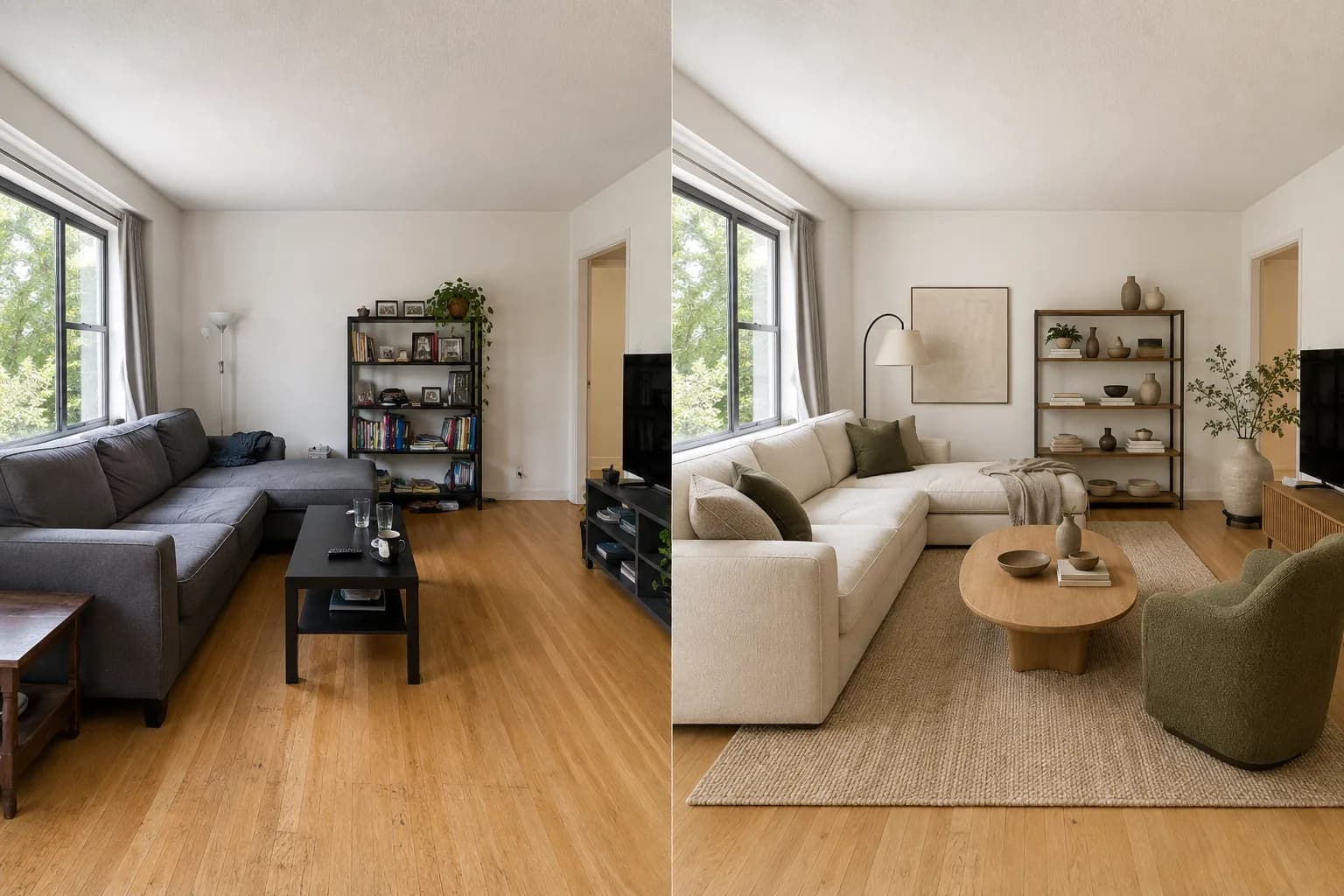 Living-room photo shown beside an AI-created interior concept