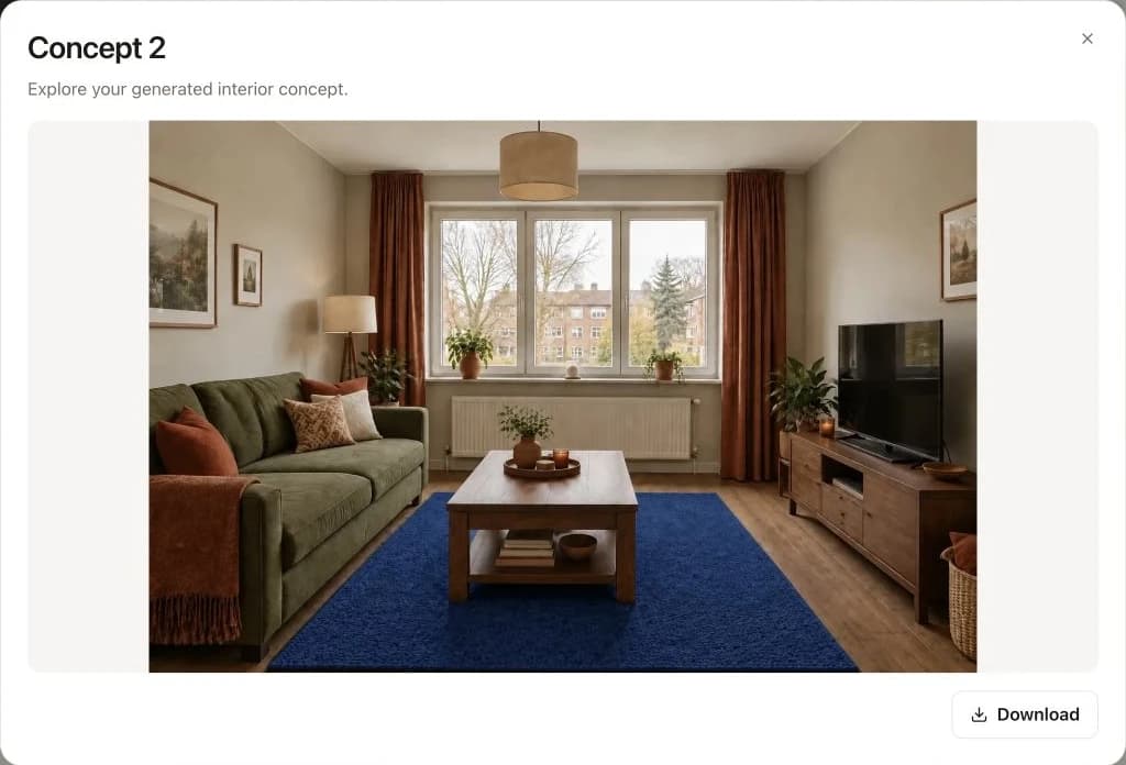 Vizterior preview of the next concept with a cobalt blue rug in the olive and walnut living room