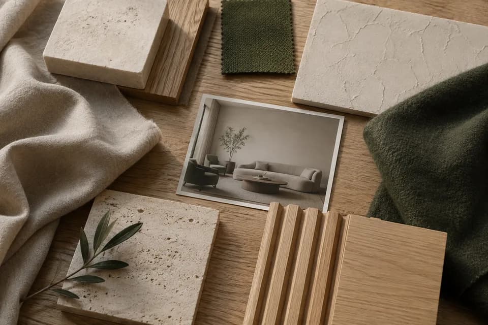 AI-created interior material palette with timber, stone, textile, and paint references