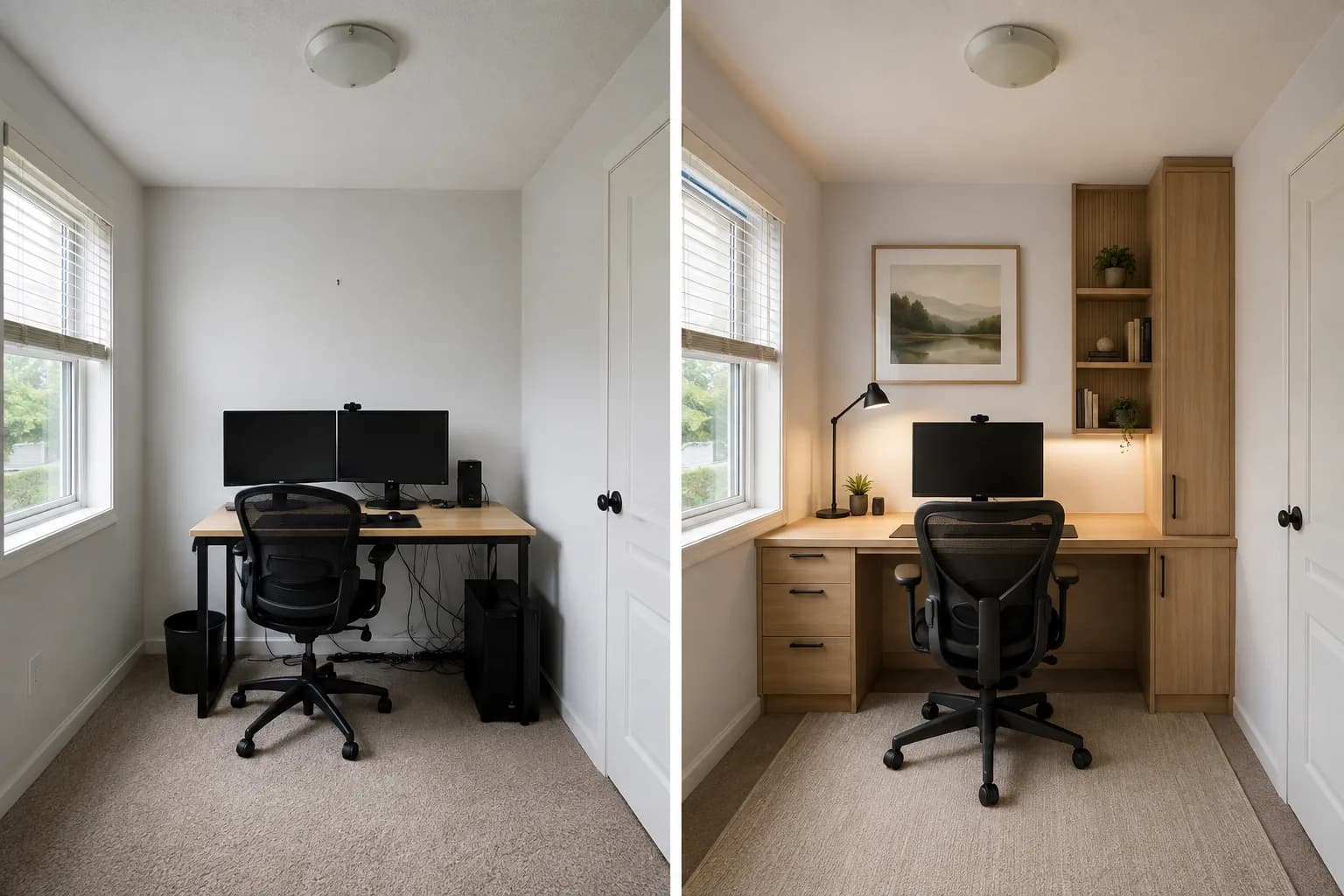 Home-office room photo shown beside an AI-created workspace concept